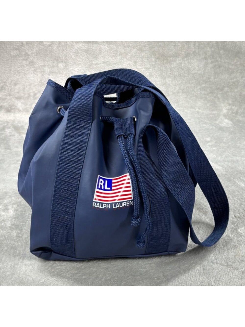Ralph Lauren Polo Sport Bucket Bag Blue Flag Drawstring Vinyl Tote Web Straps